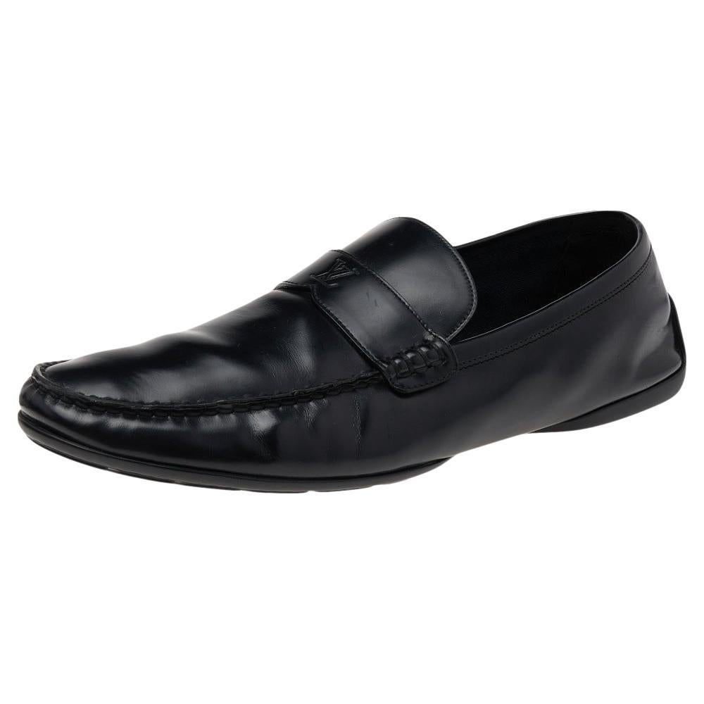 Louis Vuitton Black Leather Slip on Loafers Size 44.5 For Sale