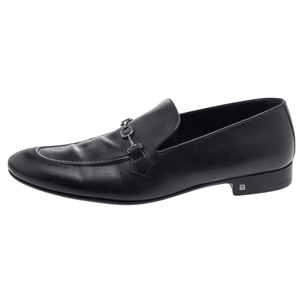 Louis Vuitton Black Leather Slip on Loafers Size 45 For Sale