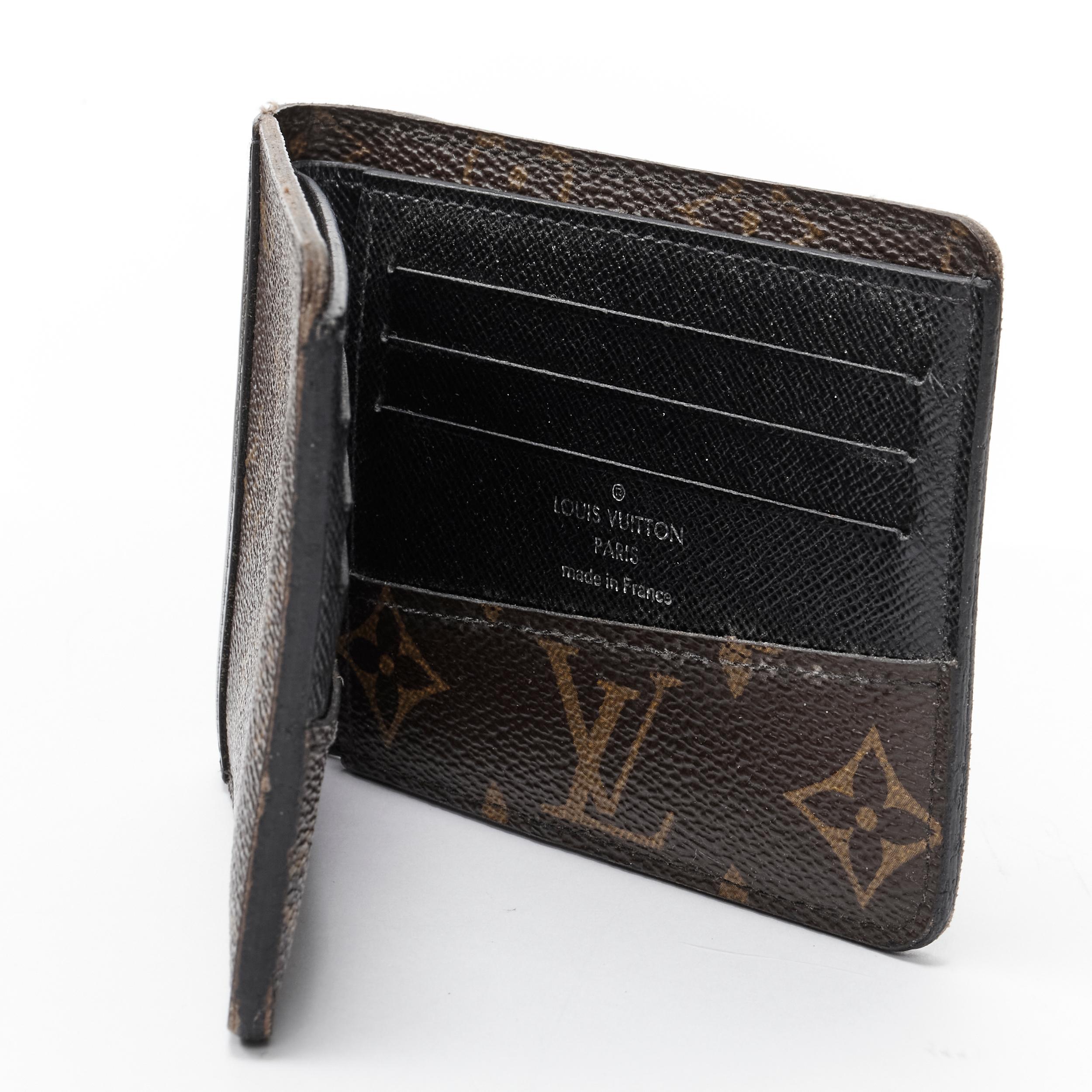 Black LOUIS VUITTON black leather spine brown LV monogram canvas bifold wallet