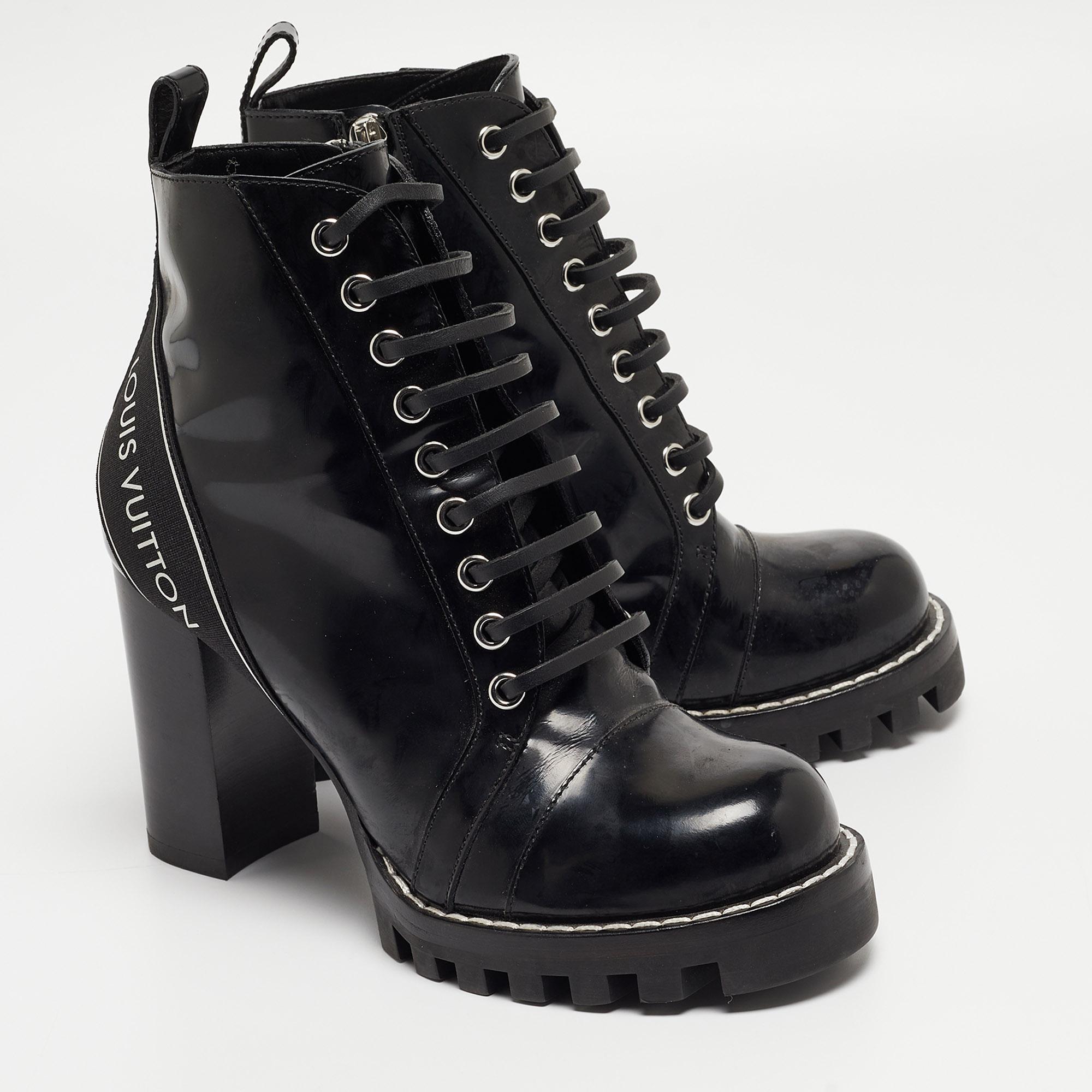 Women's Louis Vuitton Black Leather Star Trail Block Boots Size 37.5 For Sale