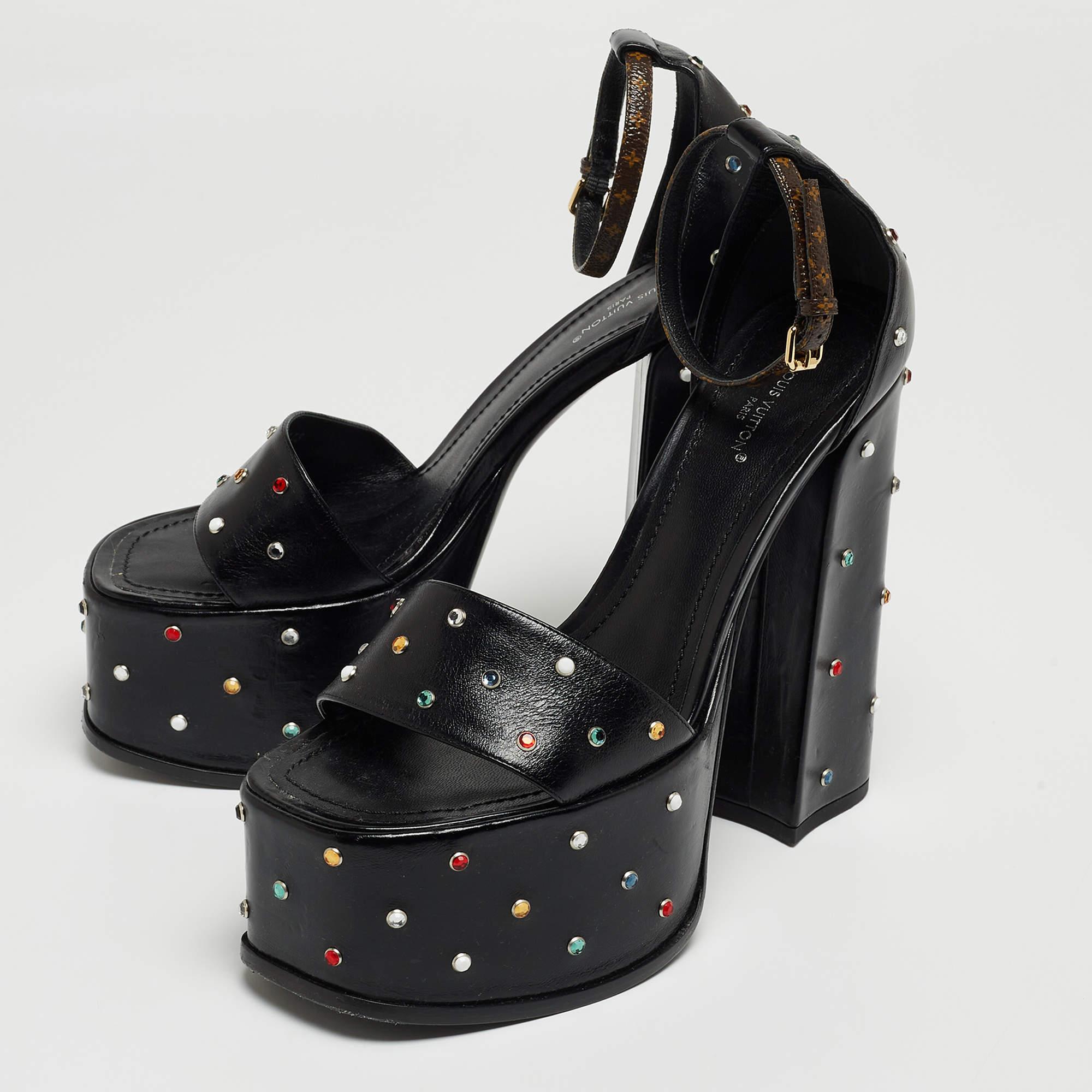 Louis Vuitton Black Leather Studded Fame Sandals Size 38.5 2