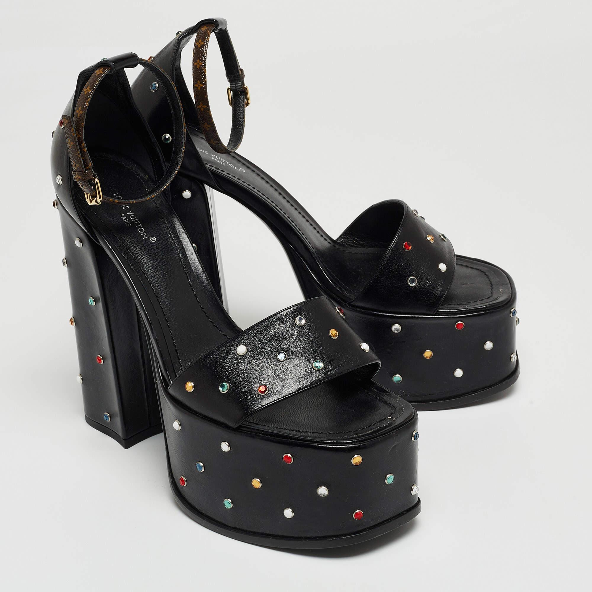 Louis Vuitton Black Leather Studded Fame Sandals Size 38.5 3