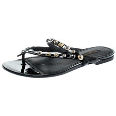 Louis Vuitton Black Leather Studded Thong Sandals Size 37.5