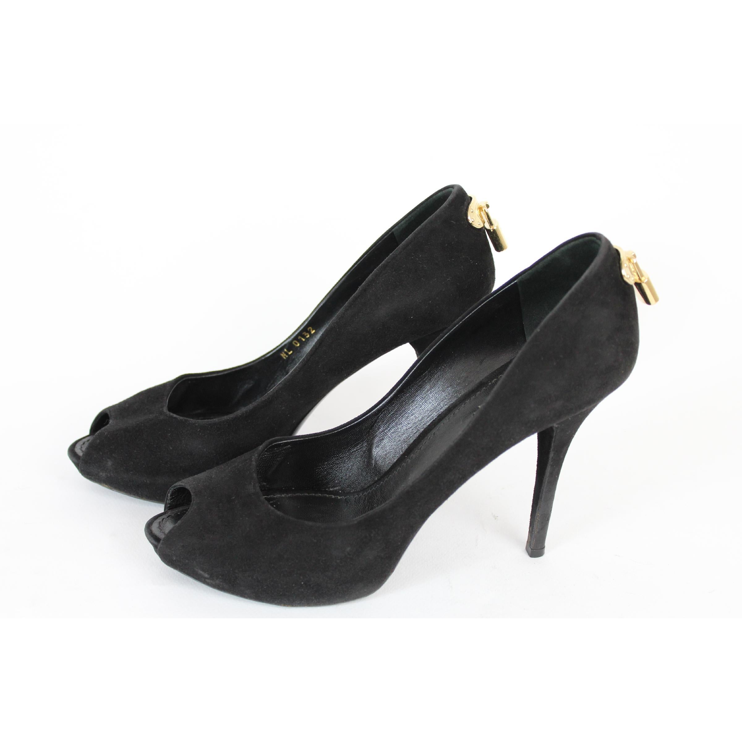 Women's Louis Vuitton Black Leather Suede Oh Really Heeled Shoes Peep-Poe Golden Padlock