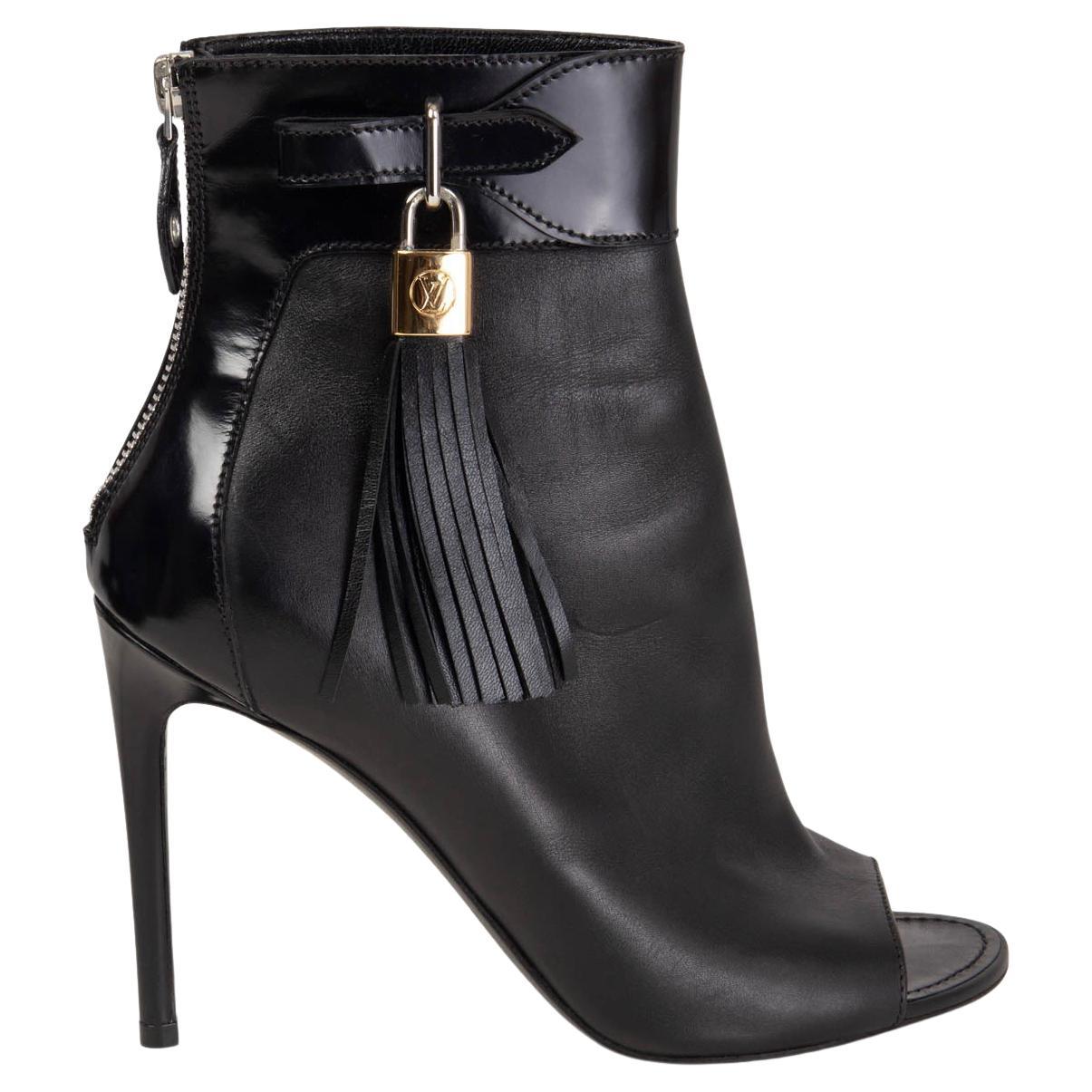 LOUIS VUITTON black leather TASSEL PEEP-TOE Ankle Boots Shoes 36.5 For Sale
