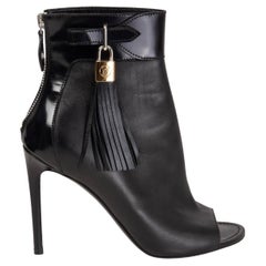 LOUIS VUITTON black leather TASSEL PEEP-TOE Ankle Boots Shoes 36.5