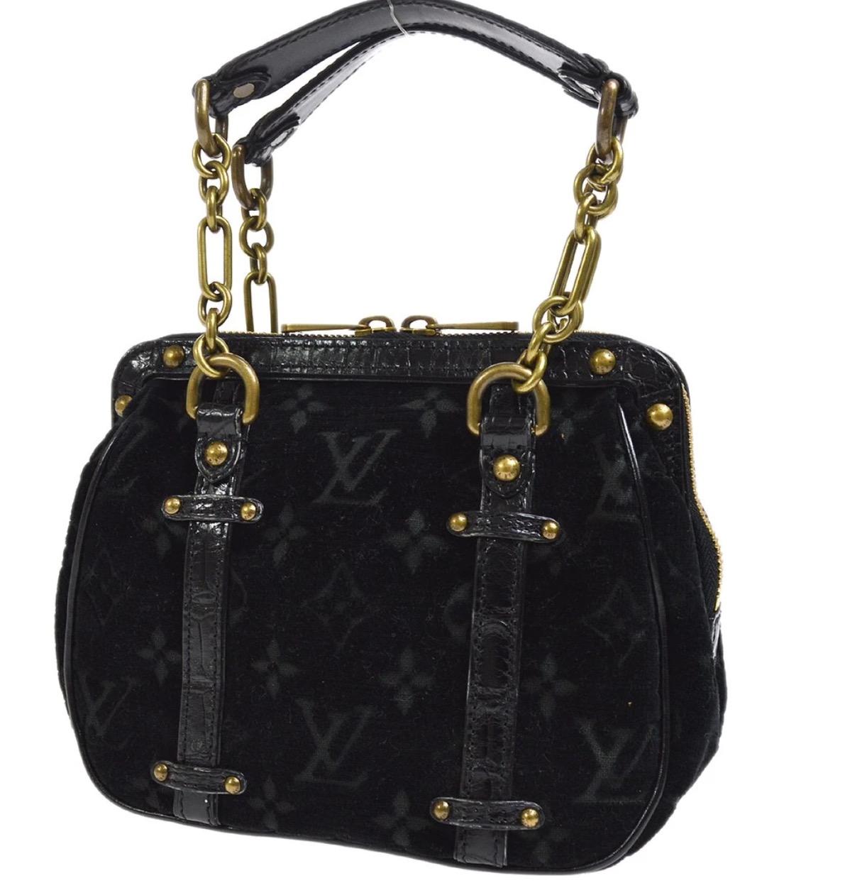 Women's Louis Vuitton Black Leather Velvet Gold Chain Top Handle Satchel Shoulder Bag
