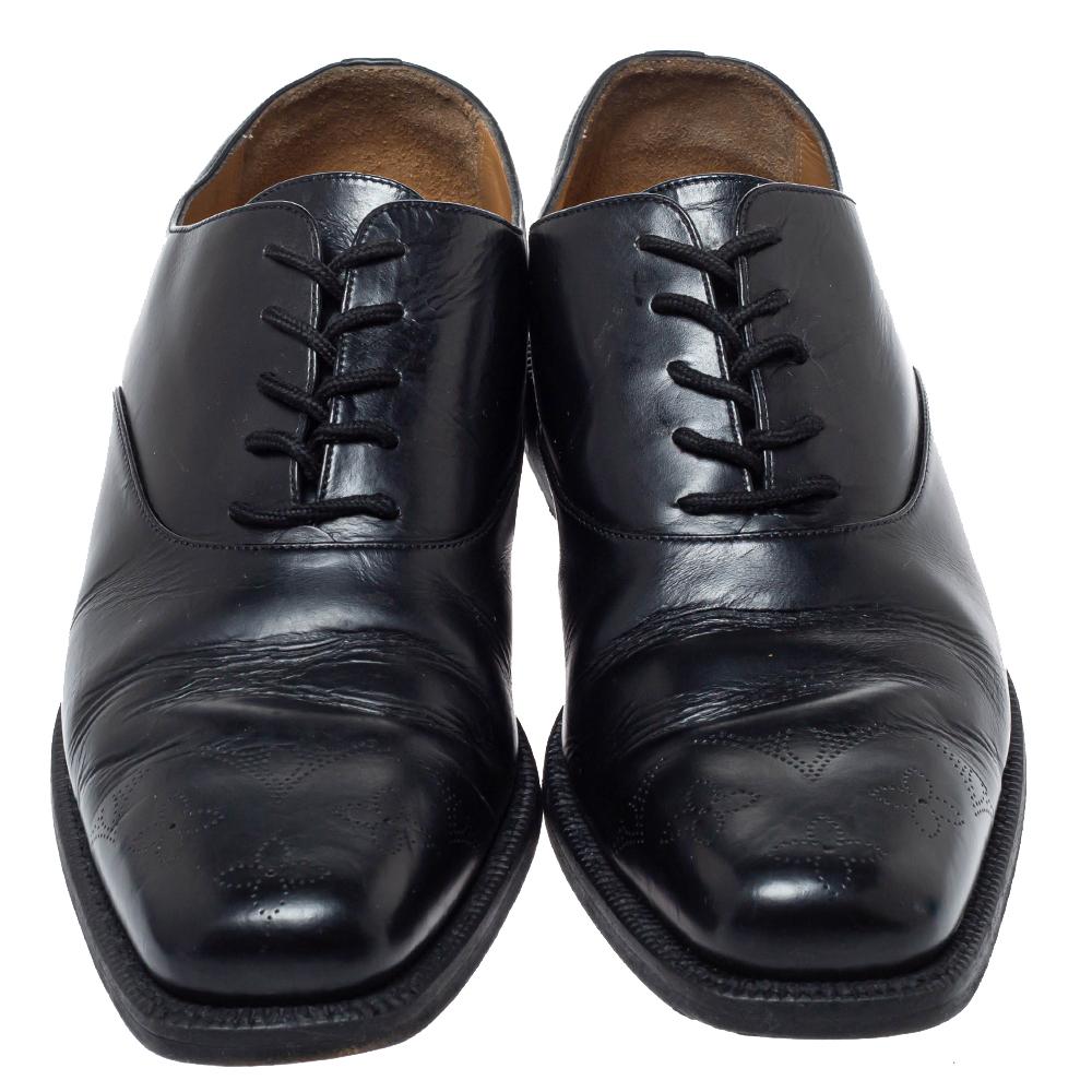 Men's Louis Vuitton Black Leather Wing Tips Lace Up Oxford Size 43 For Sale