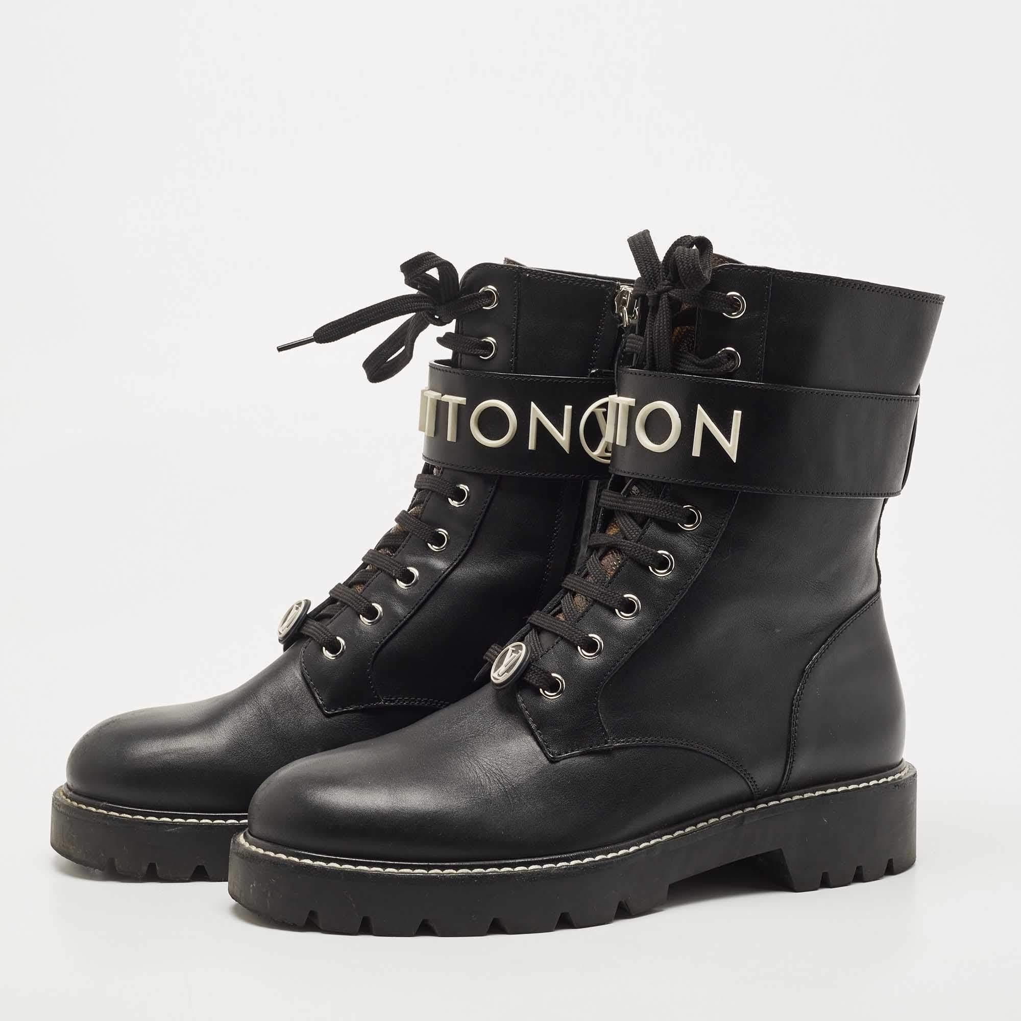 Women's Louis Vuitton Black Leather Wonderland Ranger Ankle Length Combat Boots Size 40
