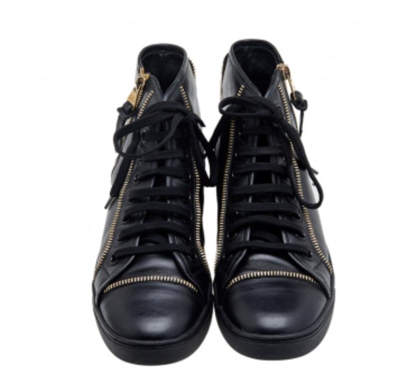 Women's Louis Vuitton Black Leather Zip Detail High Top Sneakers Size 36.5 For Sale