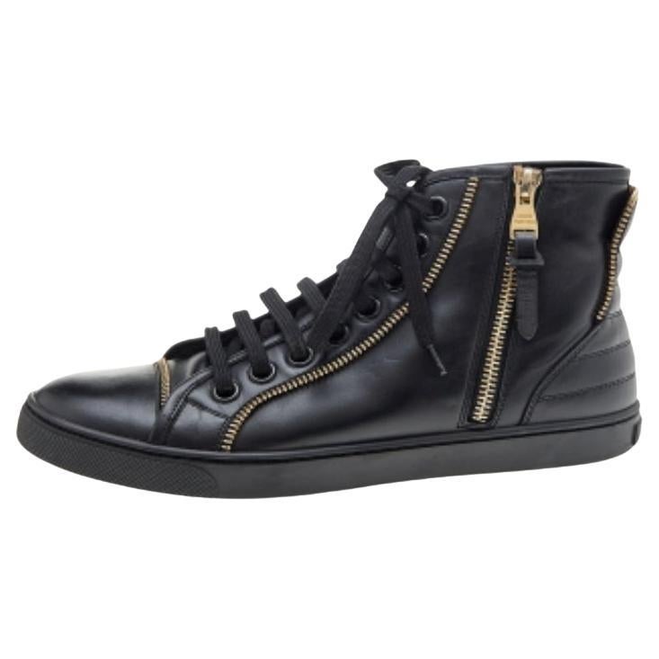 Louis Vuitton Black Leather Zip Detail High Top Sneakers Size 36.5 For Sale