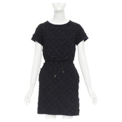 LOUIS VUITTON black LV logo monogram raised lace drawstring short dress XS