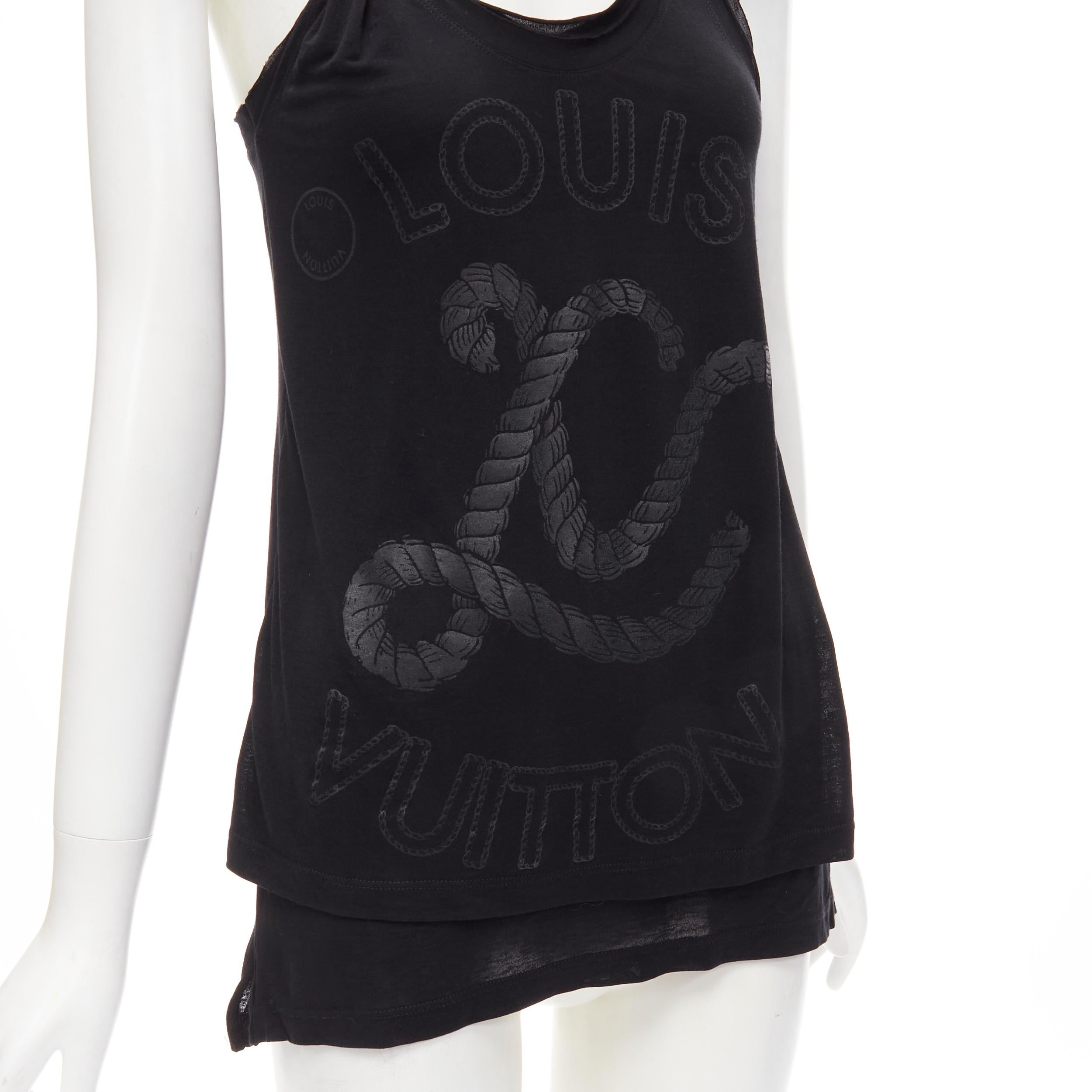 LOUIS VUITTON black LV logo print twist shoulder layered hem tank top S 
Reference: ANWU/A00617 
Brand: Louis Vuitton 
Material: Feels like cotton 
Color: Black 
Pattern: Solid 
Extra Detail: Wrap twist detailing on shoulder strap. Scooped neckline.