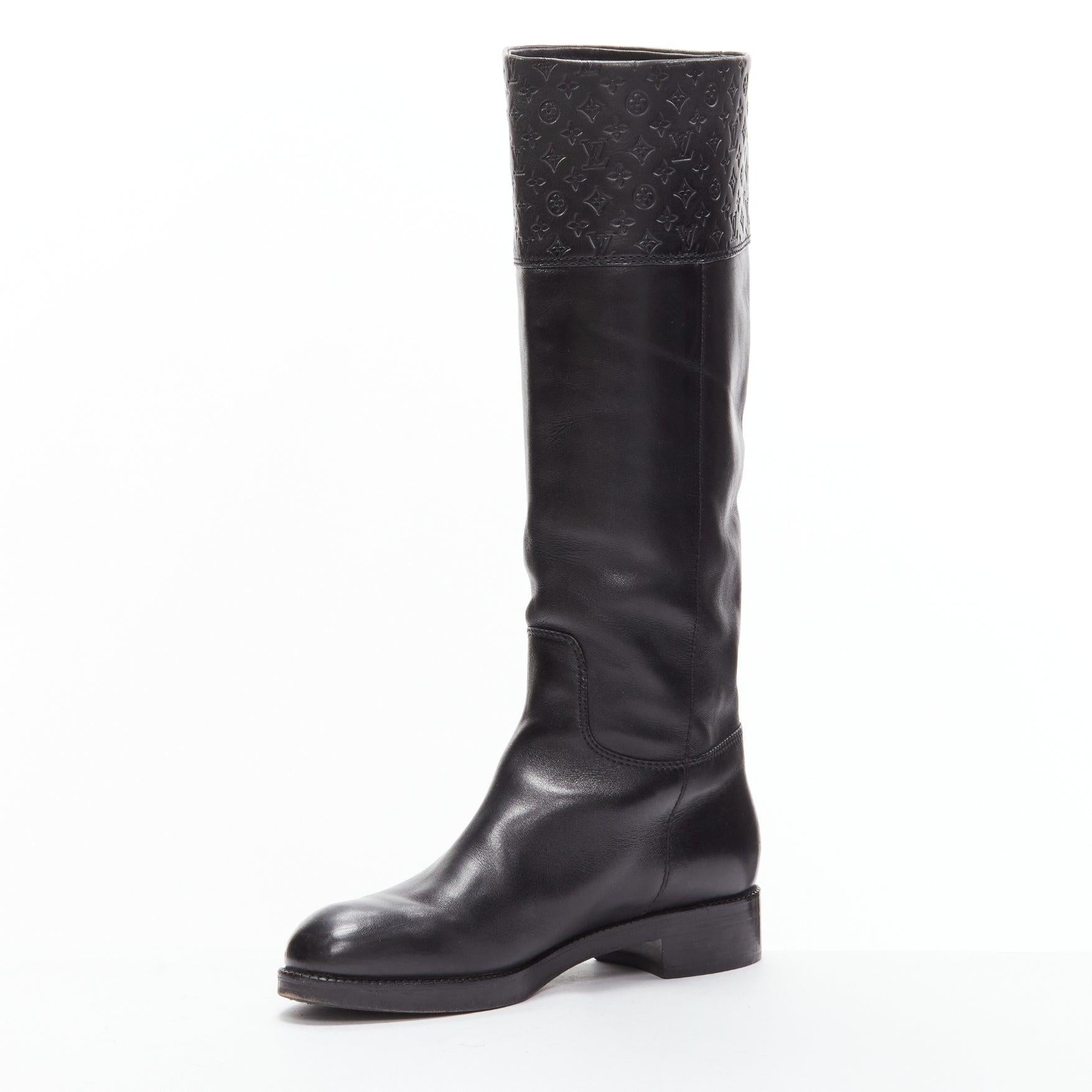 LOUIS VUITTON black LV monogram embossed leather pull on riding boots EU37.5 In Good Condition In Hong Kong, NT