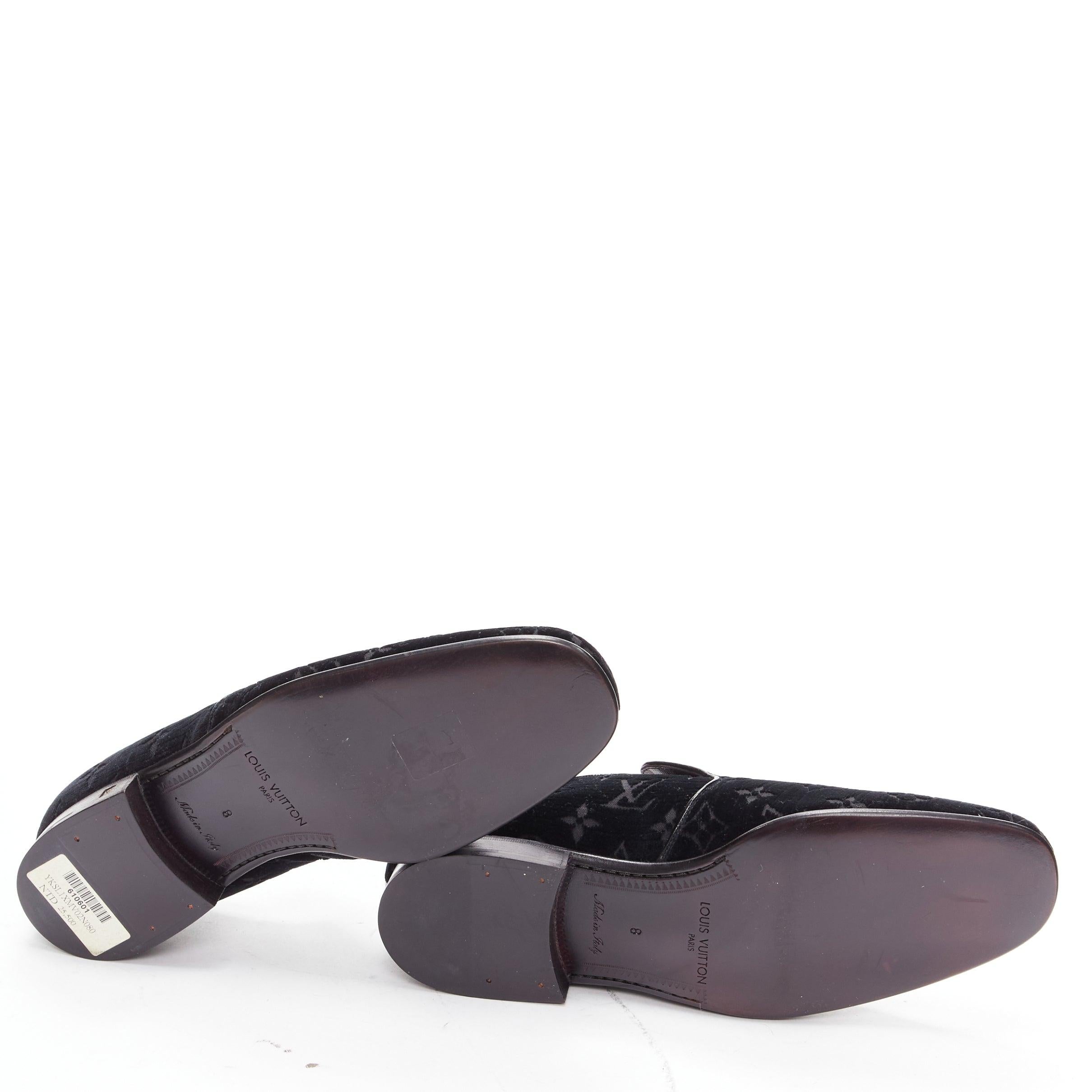 LOUIS VUITTON black LV monogram velvet Le Smoking loafer shoes UK8 EU42 7