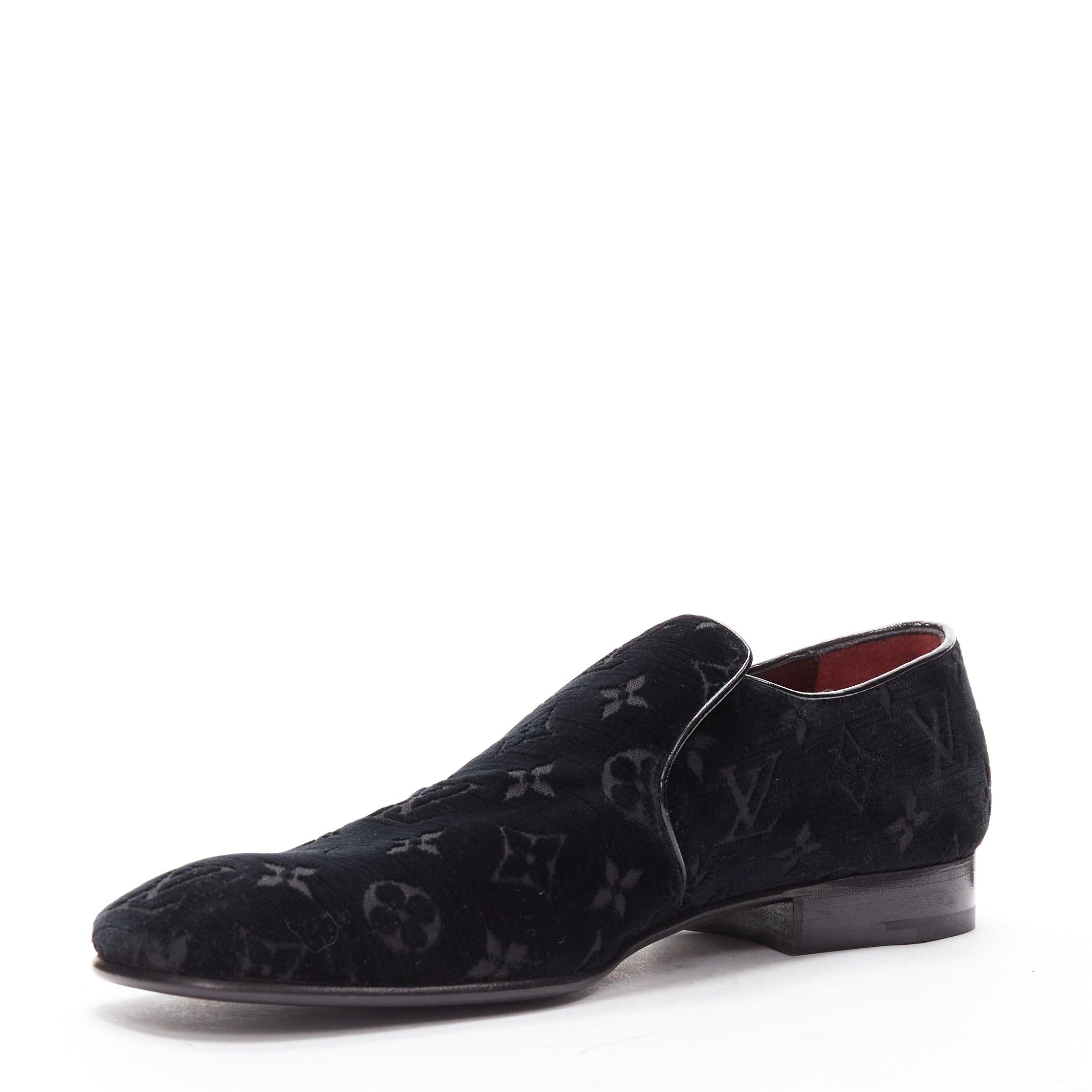 Men's LOUIS VUITTON black LV monogram velvet Le Smoking loafer shoes UK8 EU42