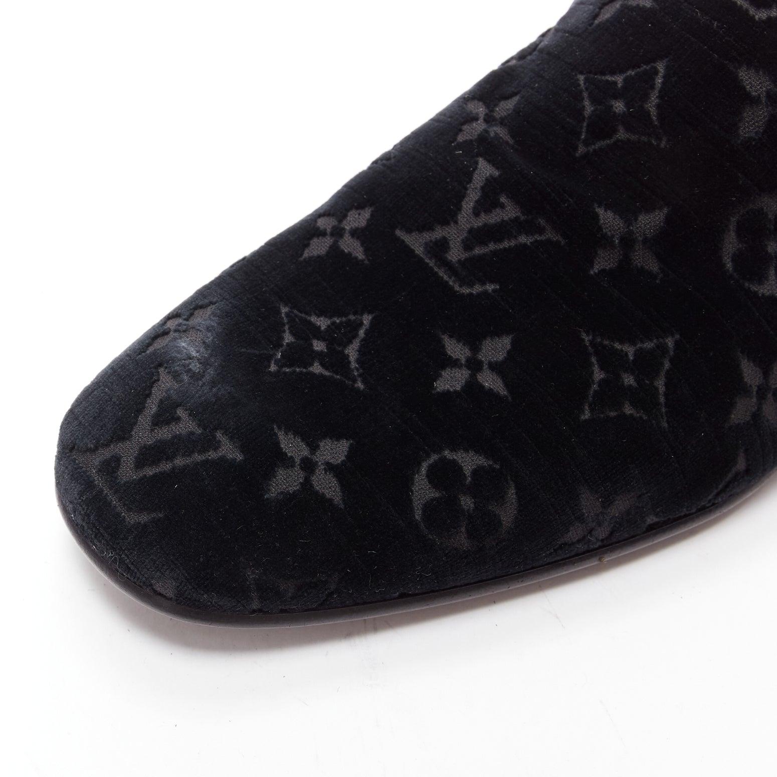 LOUIS VUITTON black LV monogram velvet Le Smoking loafer shoes UK8 EU42 3