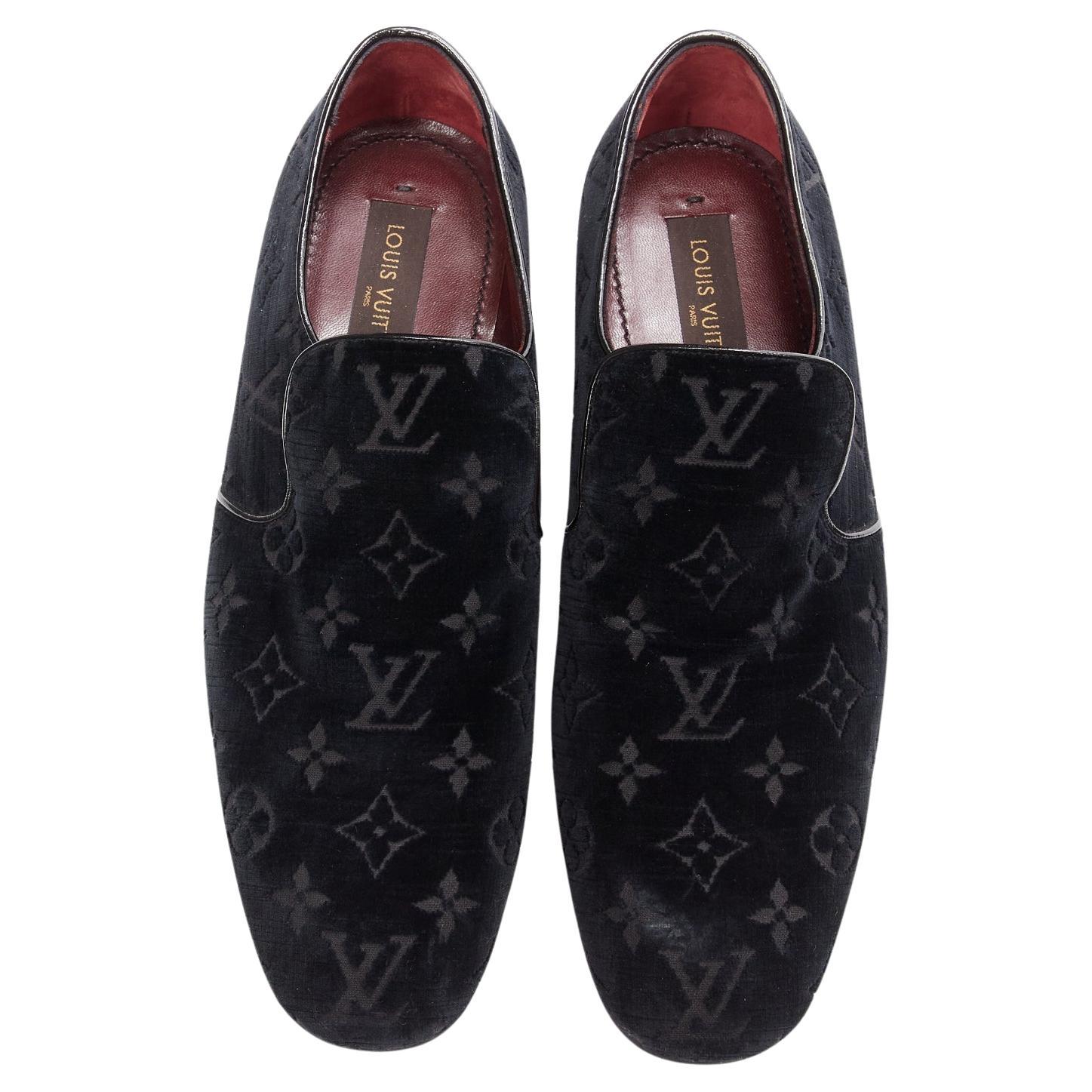 LOUIS VUITTON black LV monogram velvet Le Smoking loafer shoes UK8 EU42
