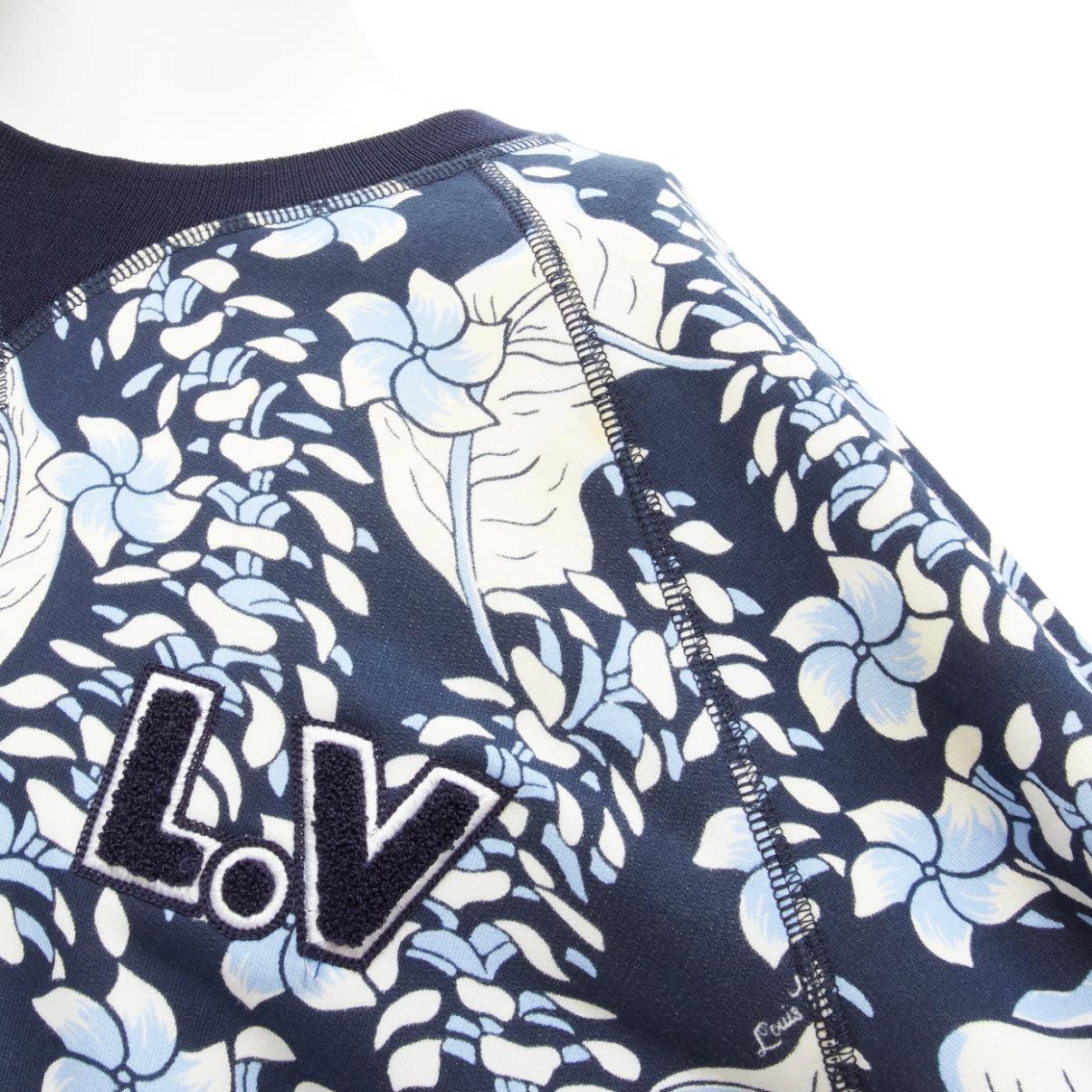 Men's LOUIS VUITTON black LV towel logo blue tropical leaf print cotton sweatshirt M For Sale