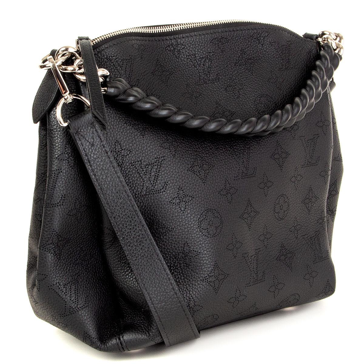 100% authentic Louis Vuitton Babylone Chain BB Shoulder Bag in smooth black subtle perforated monogram Mahina Calfskin featuring silver-tone hardware. Opens with a zipper on top and is lined in brown microfibre with one zip pocket against the back