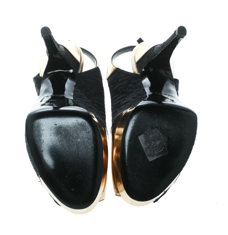 Women's Louis Vuitton Black Metallic Gold Leather Peep Toe Slingback Sandals Size 36 For Sale