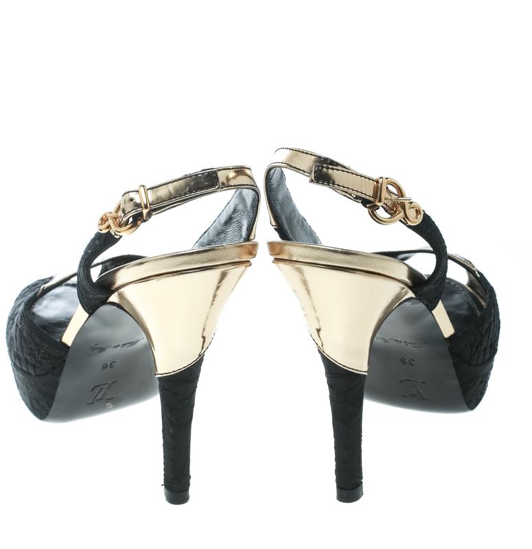 Louis Vuitton Black Metallic Gold Leather Peep Toe Slingback Sandals Size 36 For Sale 1