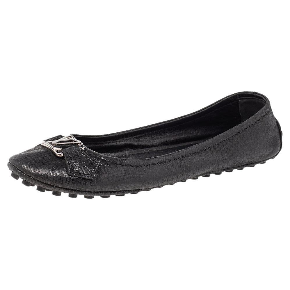 Louis Vuitton Black Metallic Suede Oxford Ballet Flats Size 38