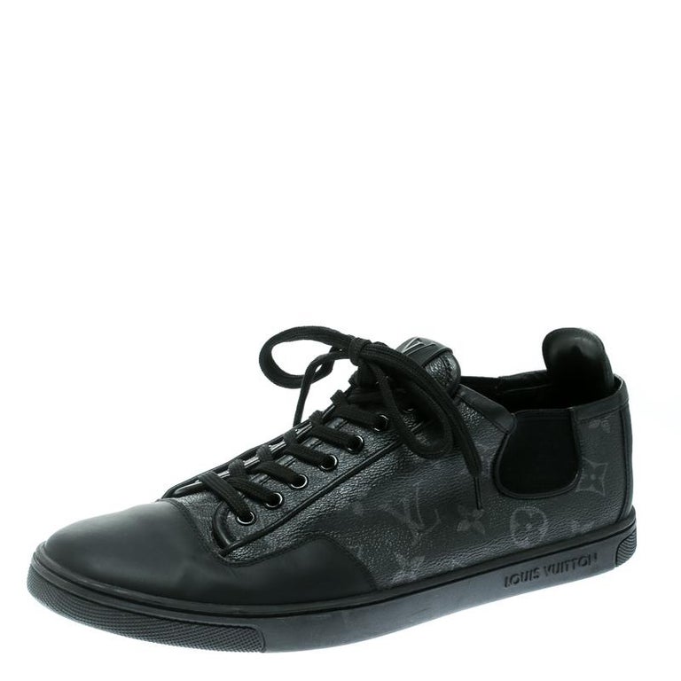 Louis Vuitton Black Monogram Canvas and Leather Lace Up Sneakers Size 41.5 For Sale at 1stdibs