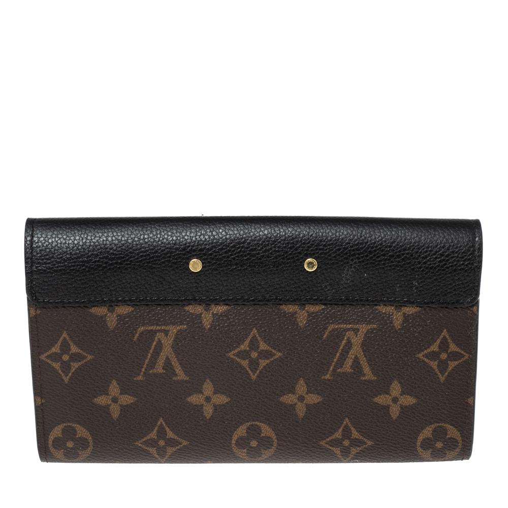 This classy Pallas wallet from Louis Vuitton is a must-have! Designed from black leather and signature monogram canvas. It comes with the logo-engraved S-lock. The front flap opens to a well-compartmentalized interior that will hold your cash, cards