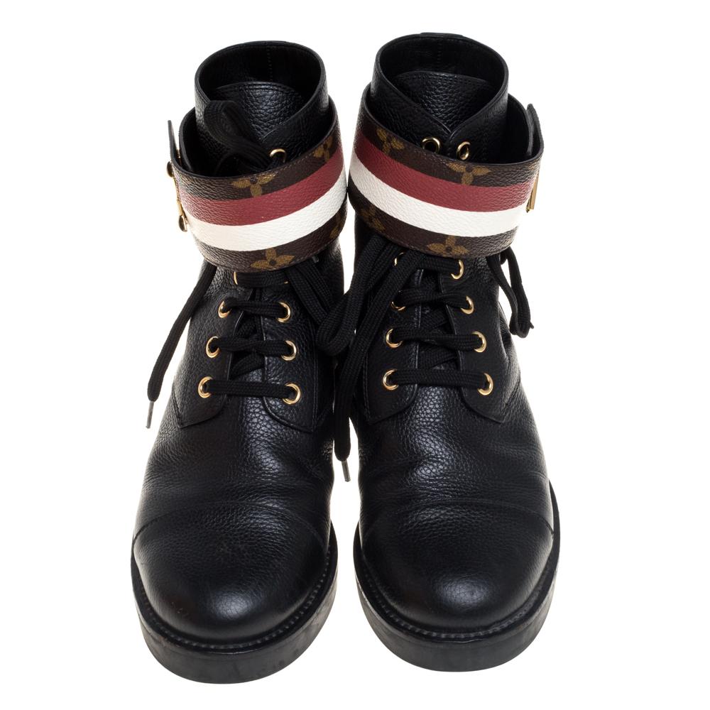 Louis Vuitton's Wonderland boots are stunning and can take your outfit to a whole new level. Crafted from leather, they feature ankle straps made from Monogram canvas adorned by the LV Twist motifs. Laces, chunky outsoles, and round toes finish off