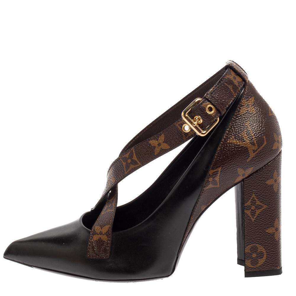 The subtle juxtaposition of black leather and monogrammed canvas make these Matchmake pumps from Louis Vuitton contemporary and stylish. They are designed with pointed toes, cross straps on the vamps, curved, block heels, and ankle strap fastenings.