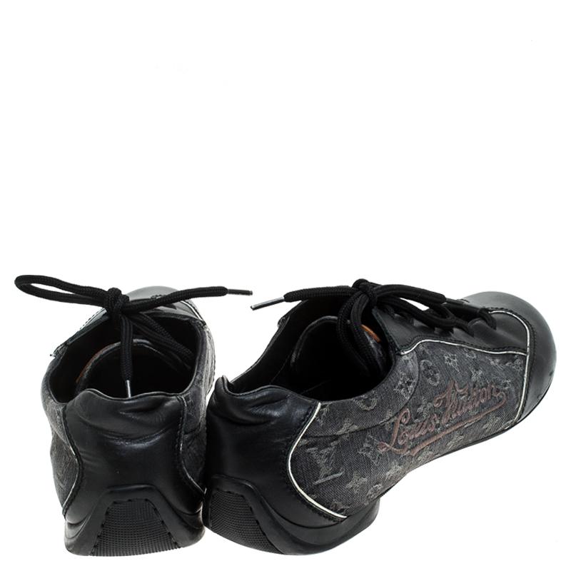 Women's Louis Vuitton Black Monogram Denim and Leather Lace Tennis Sneakers Size 38.5