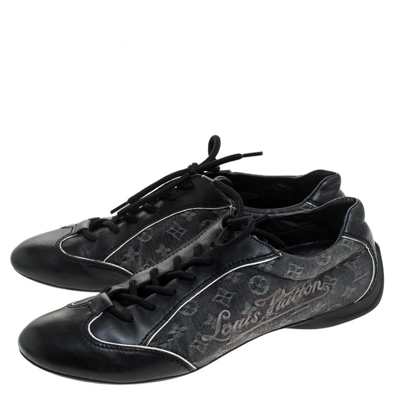 Louis Vuitton Black Monogram Denim and Leather Lace Tennis Sneakers Size 38.5 2