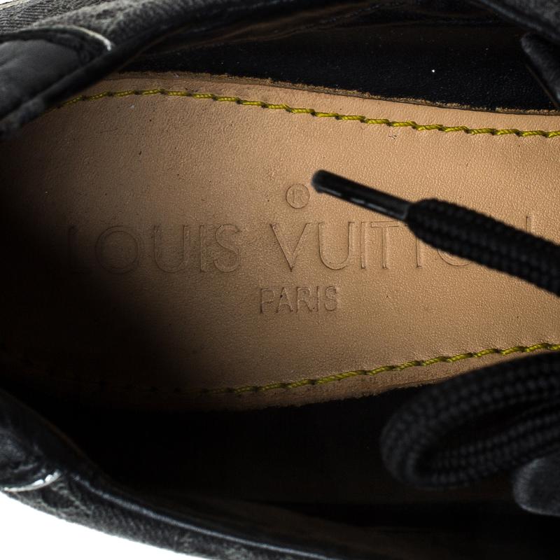 Louis Vuitton Black Monogram Denim and Leather Lace Tennis Sneakers Size 38.5 In Good Condition In Dubai, Al Qouz 2