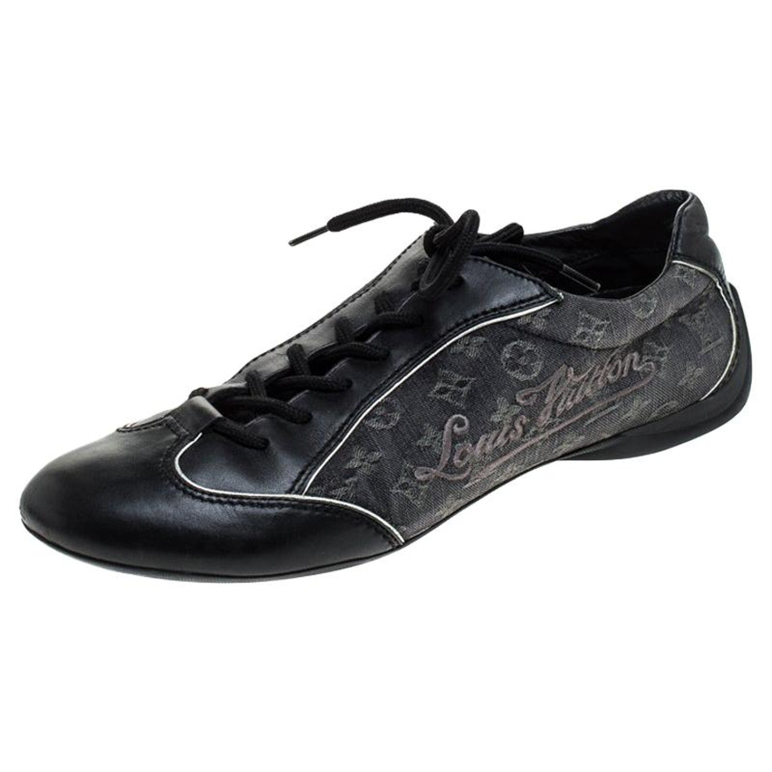 Louis Vuitton Black Monogram Denim and Leather Lace Tennis Sneakers Size  38.5 For Sale at 1stDibs