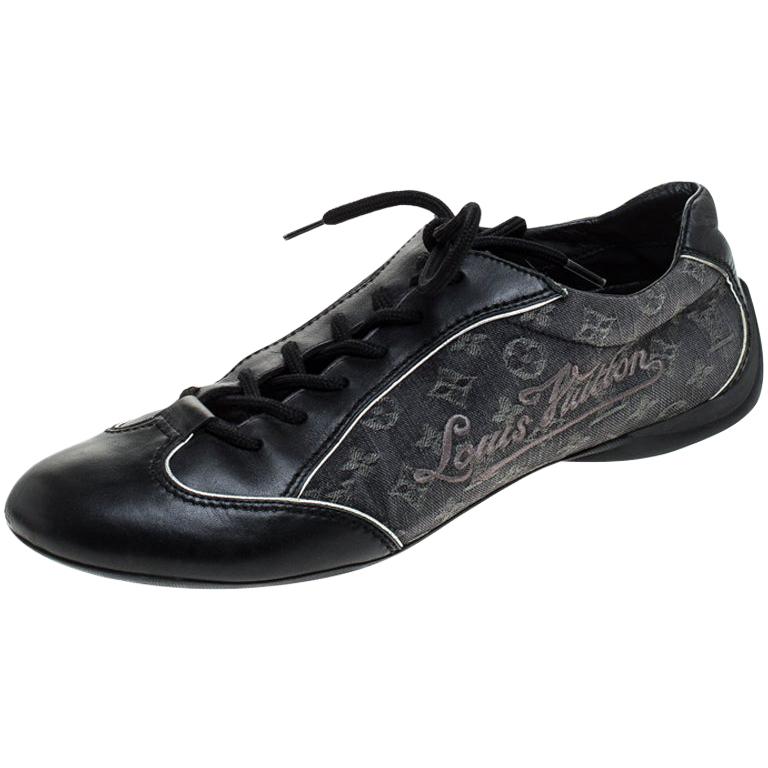 Louis Vuitton Black Monogram Denim and Leather Lace Tennis Sneakers Size 38.5