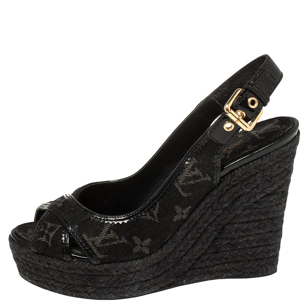 Women's Louis Vuitton Black Monogram Denim Bastille Espadrille Wedge Sandals Size 37