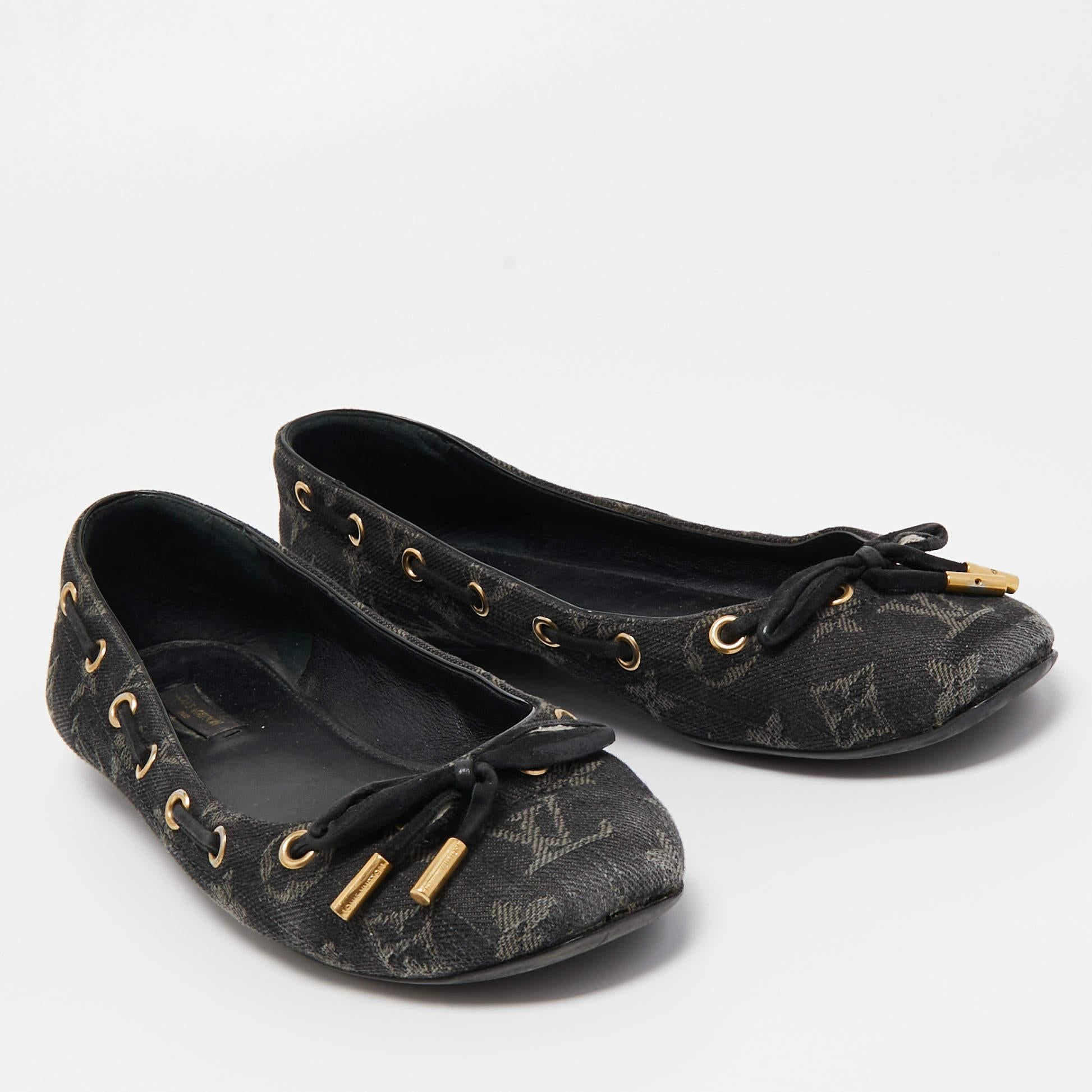 Women's Louis Vuitton Black Monogram Denim Bow Ballet Flats Size 38