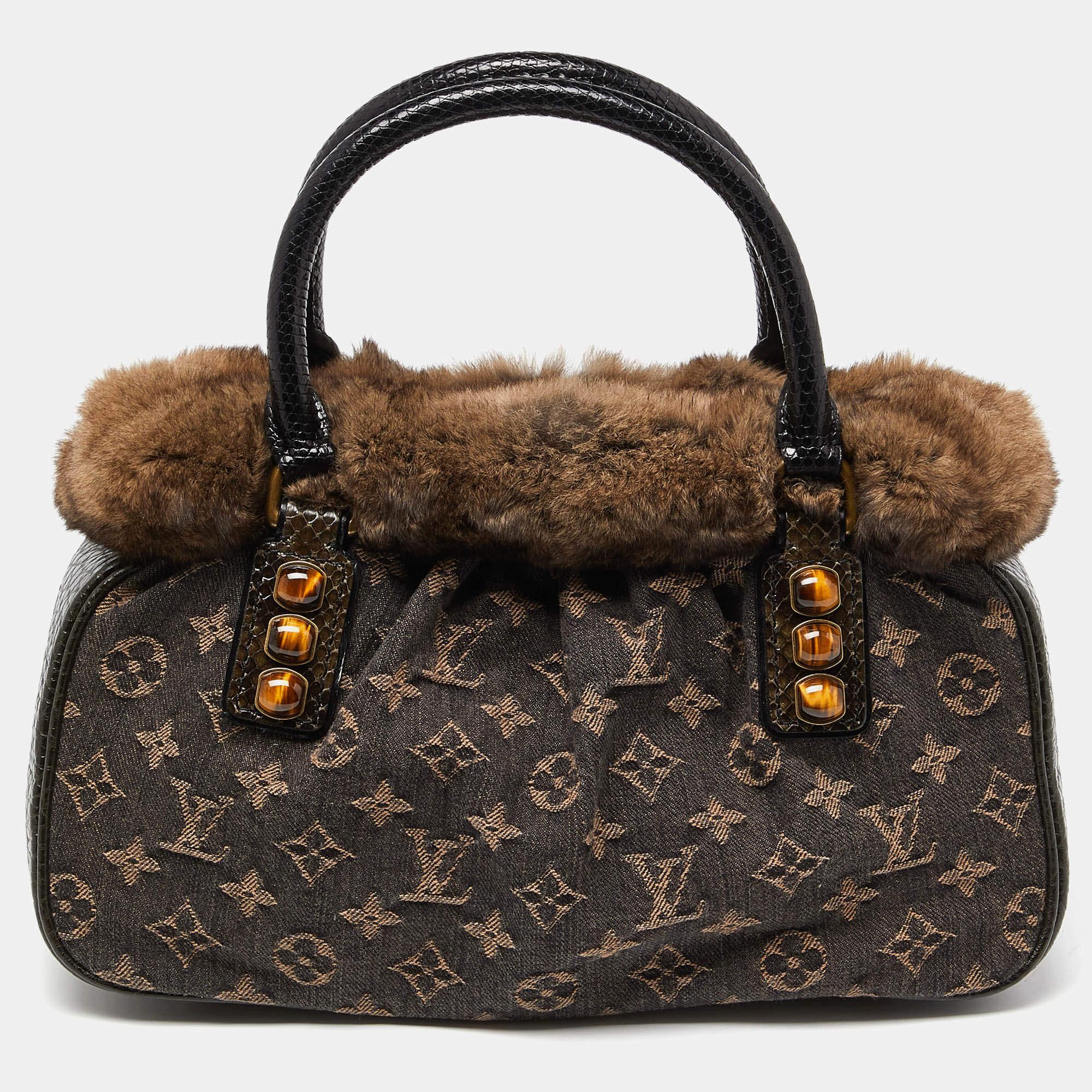 Louis Vuitton Black Monogram Denim Fur and Snakeskin Trapeze PM Bag For Sale 6