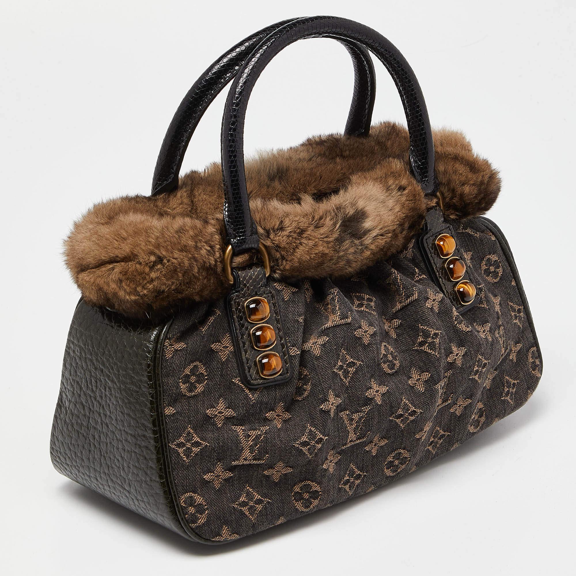 Louis Vuitton Black Monogram Denim Fur and Snakeskin Trapeze PM Bag In Good Condition For Sale In Dubai, Al Qouz 2