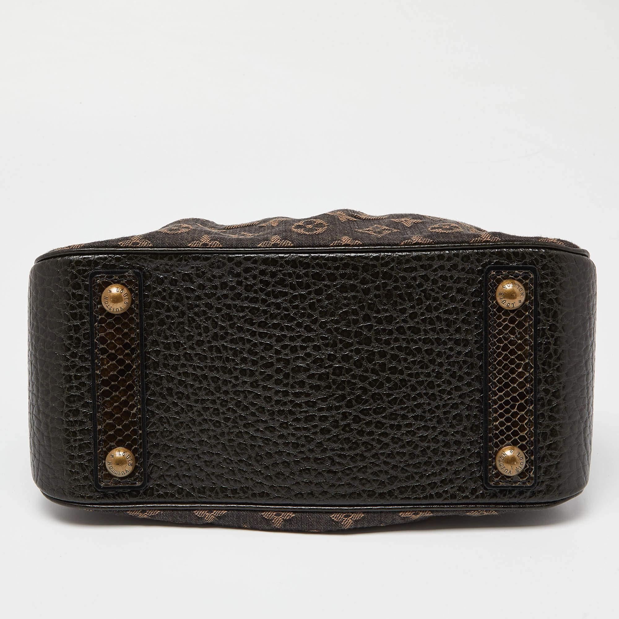 Louis Vuitton Black Monogram Denim Fur and Snakeskin Trapeze PM Bag For Sale 3