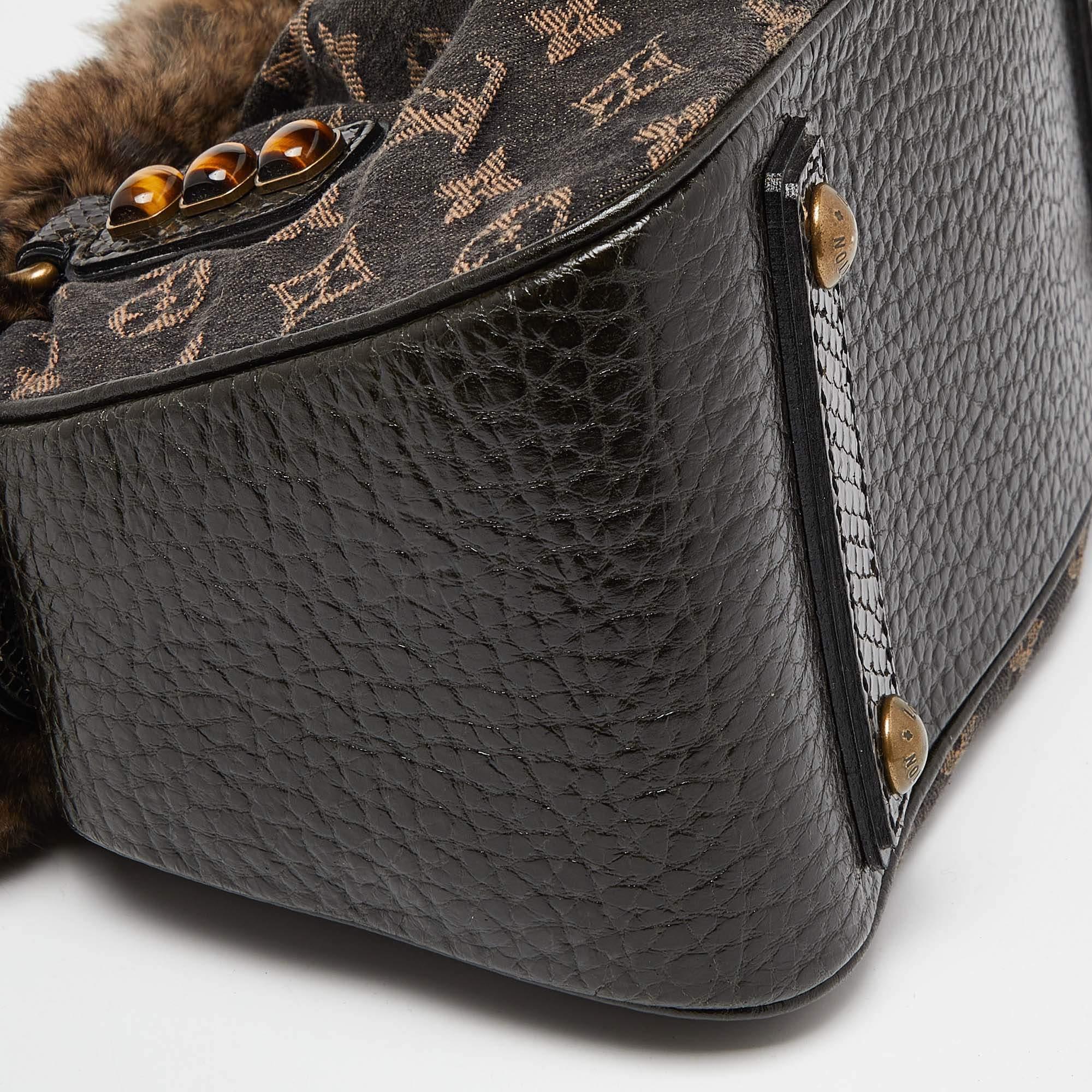 Louis Vuitton Black Monogram Denim Fur and Snakeskin Trapeze PM Bag For Sale 4