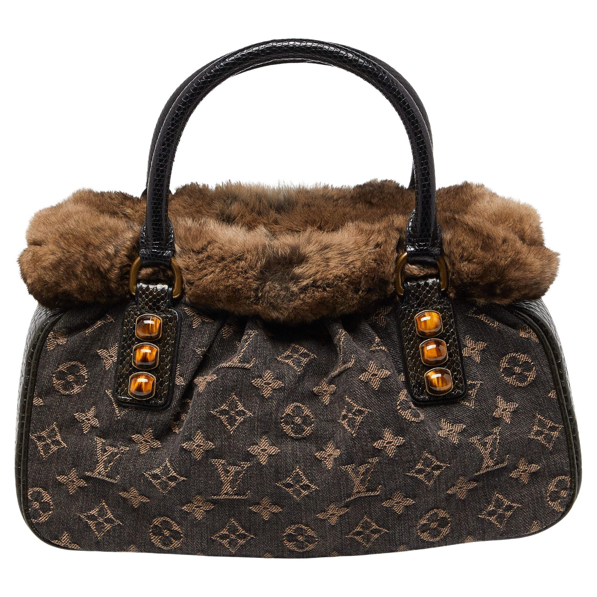 Louis Vuitton Black Monogram Denim Fur and Snakeskin Trapeze PM Bag For Sale