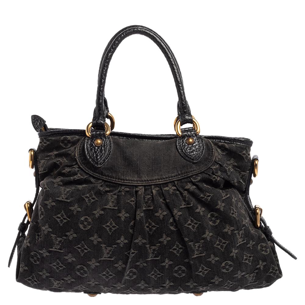 Louis Vuitton's handbags are high on style and craftsmanship, making them valuable creations of luxury. This Neo Cabby bag, like all the other handbags, is durable and stylish. Crafted from black monogrammed denim and leather, the bag comes with two