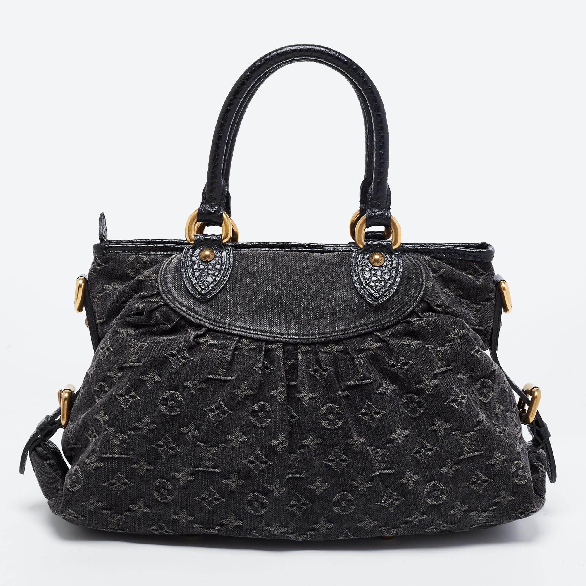 Louis Vuitton's handbags are high on style and craftsmanship, making them valuable creations of luxury. This Neo Cabby bag, like all the other handbags, is durable and stylish. Crafted from black Monogrammed denim and leather, the bag comes with two