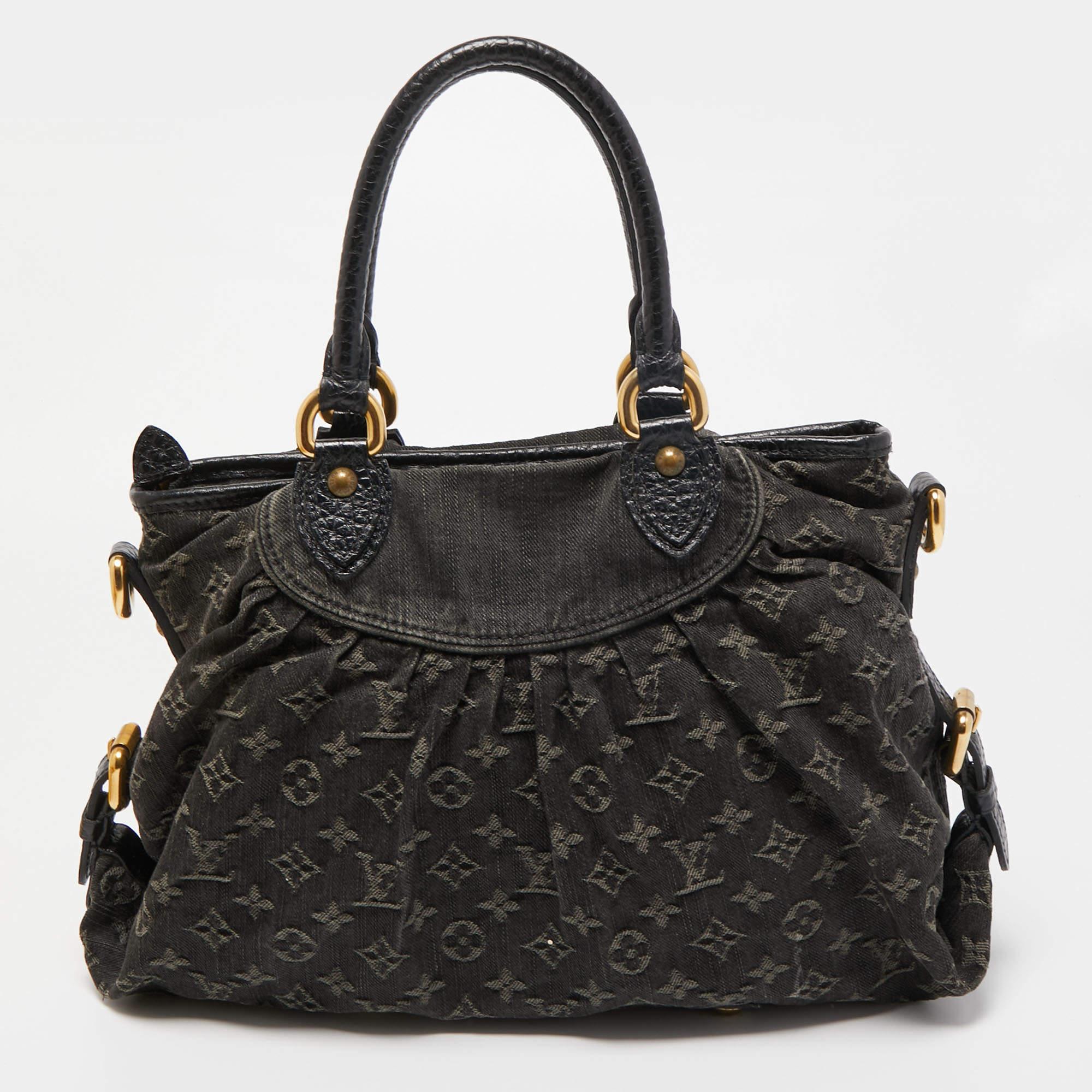 Louis Vuitton's handbags rank high in style and craftsmanship, making them valuable creations of luxury. This Neo Cabby bag, like all the other handbags, is durable and stylish. Crafted from black Monogram denim and leather, the bag is perfectly
