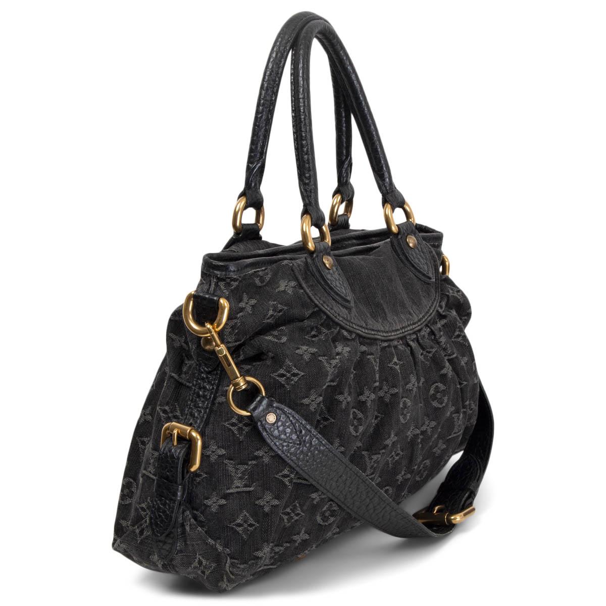 100% authentic Louis Vuitton Neo Cabby MM shoulder bag in black monogram denim featuring black grained leather handles, adjustable and detachable shoulder strap and trimmings. Opens with a zipper on top and is lined in mustard microfibre with two