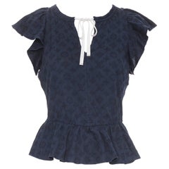LOUIS VUITTON black monogram denim ruffle keyhole cap sleeve peplum blouse S