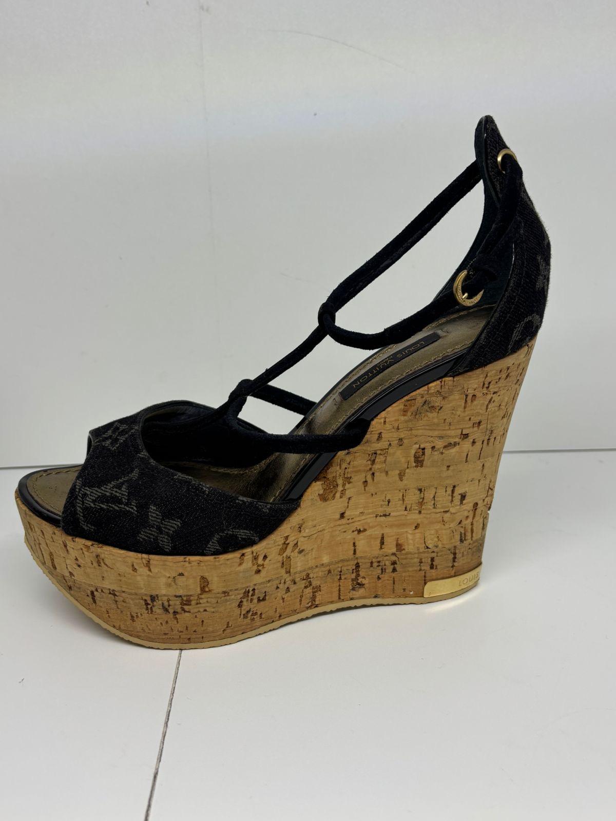 Women's Louis Vuitton Black Monogram Denim Strappy Wedge Sandals For Sale