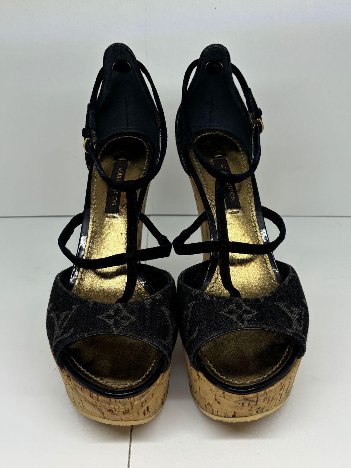 Louis Vuitton Black Monogram Denim Strappy Wedge Sandals For Sale 1